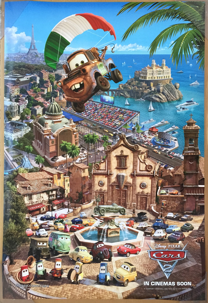 CARS 2 MOVIE POSTER 2 Sided ORIGINAL RARE INTL TRIPTYCH (3 Posters