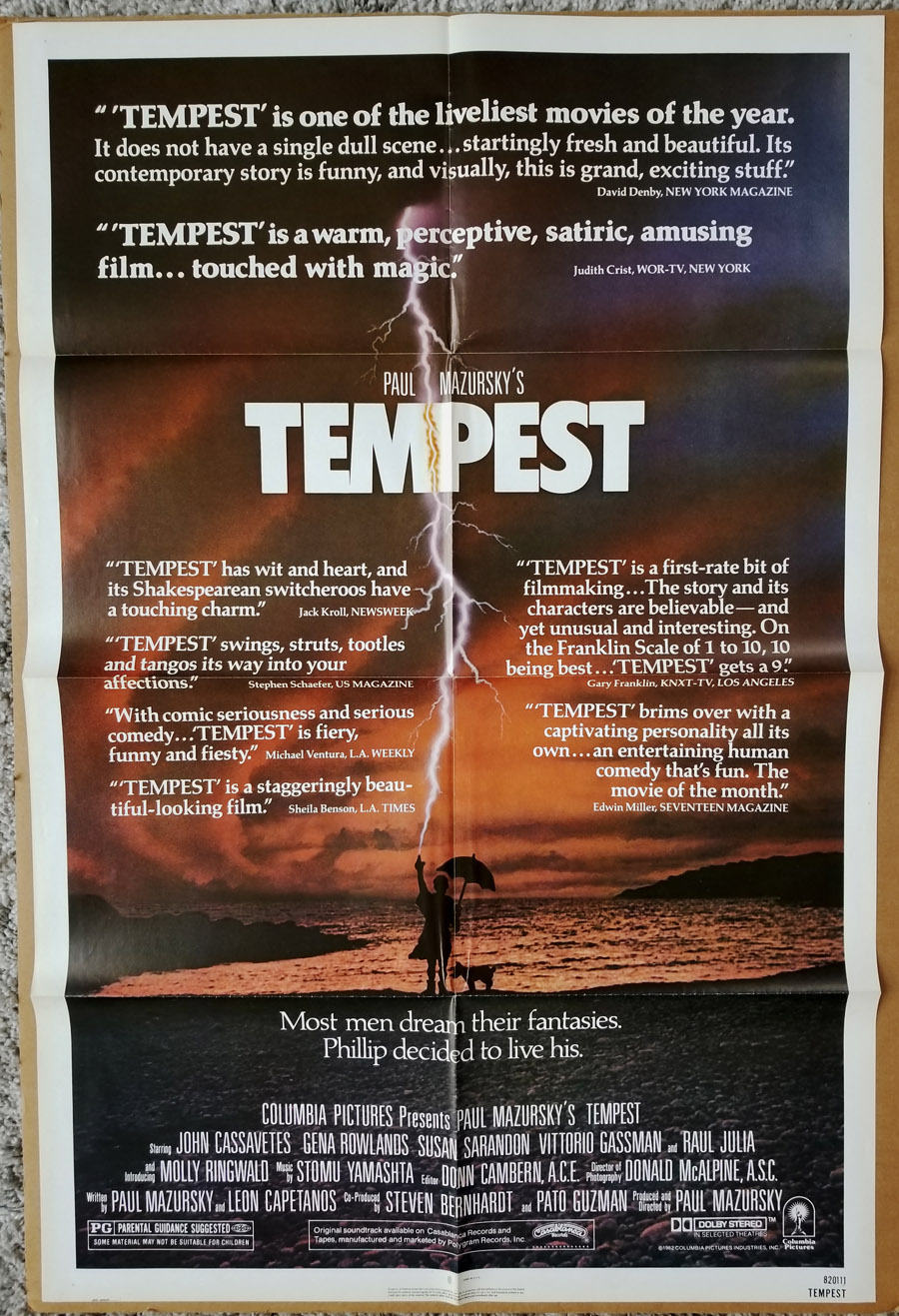 TEMPEST MOVIE POSTER 1 Sided ORIGINAL FOLDED 27x41 JOHN CASSAVETES